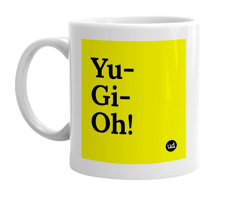 White mug with 'Yu-Gi-Oh!' in bold black letters
