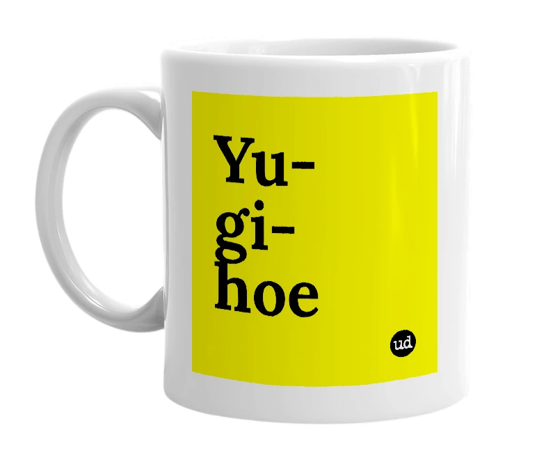 White mug with 'Yu-gi-hoe' in bold black letters