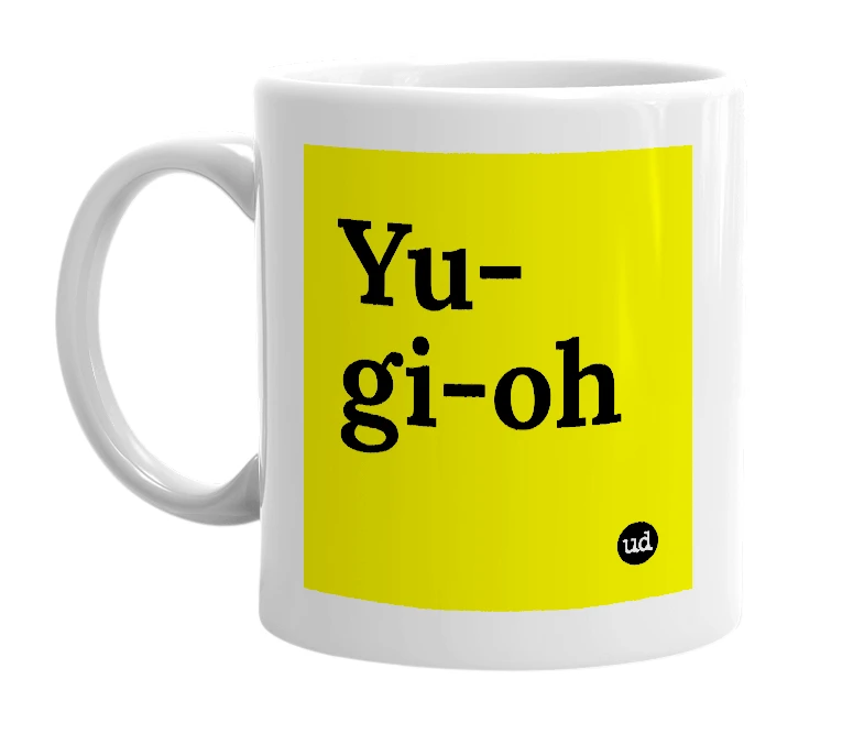 White mug with 'Yu-gi-oh' in bold black letters
