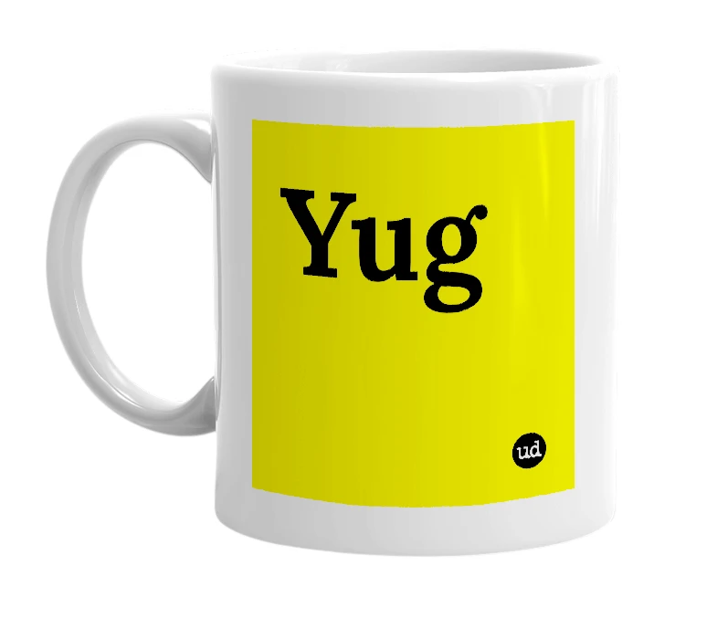 White mug with 'Yug' in bold black letters