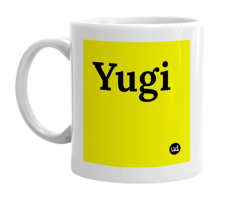 White mug with 'Yugi' in bold black letters