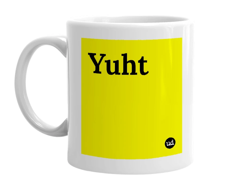 White mug with 'Yuht' in bold black letters