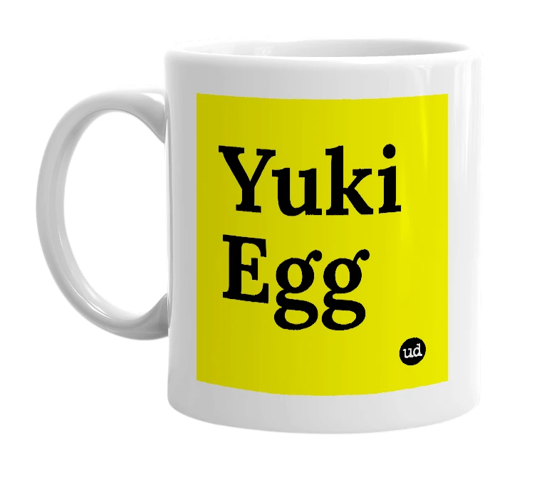 White mug with 'Yuki Egg' in bold black letters