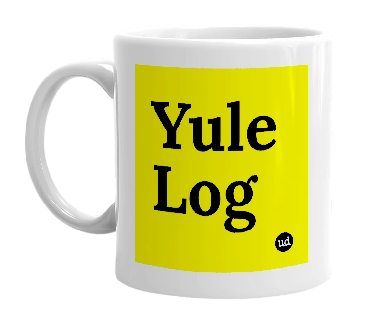 White mug with 'Yule Log' in bold black letters