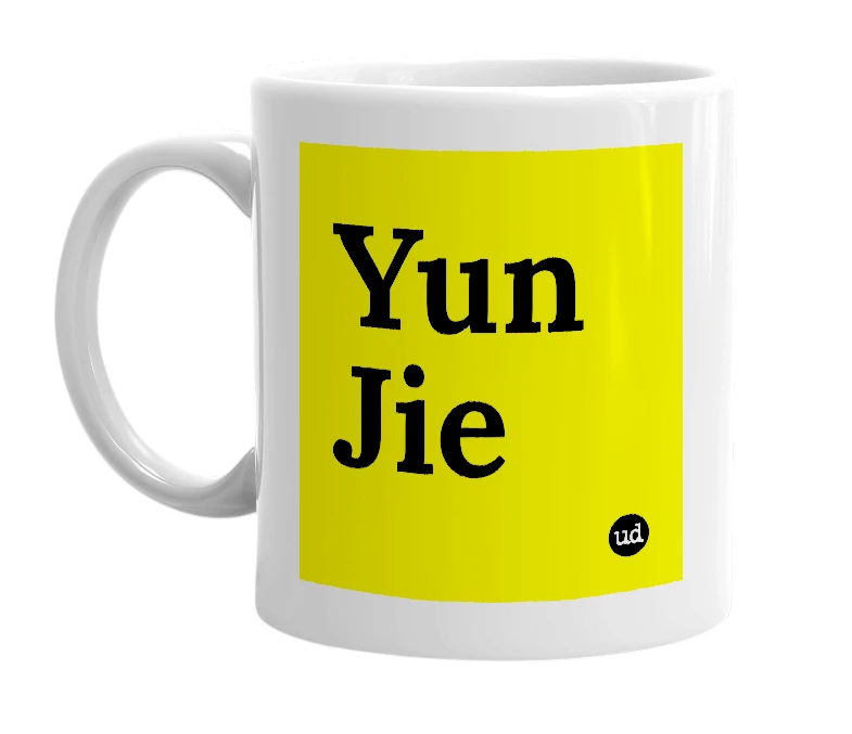 White mug with 'Yun Jie' in bold black letters