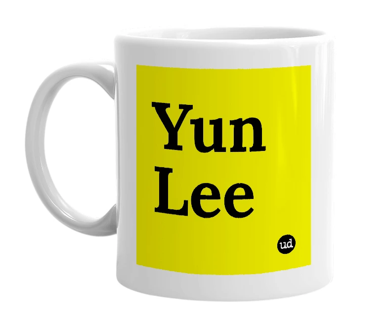 White mug with 'Yun Lee' in bold black letters