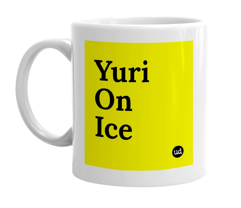 White mug with 'Yuri On Ice' in bold black letters