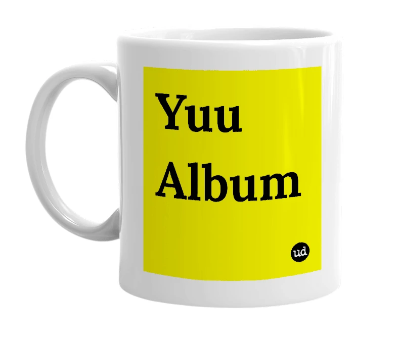 White mug with 'Yuu Album' in bold black letters