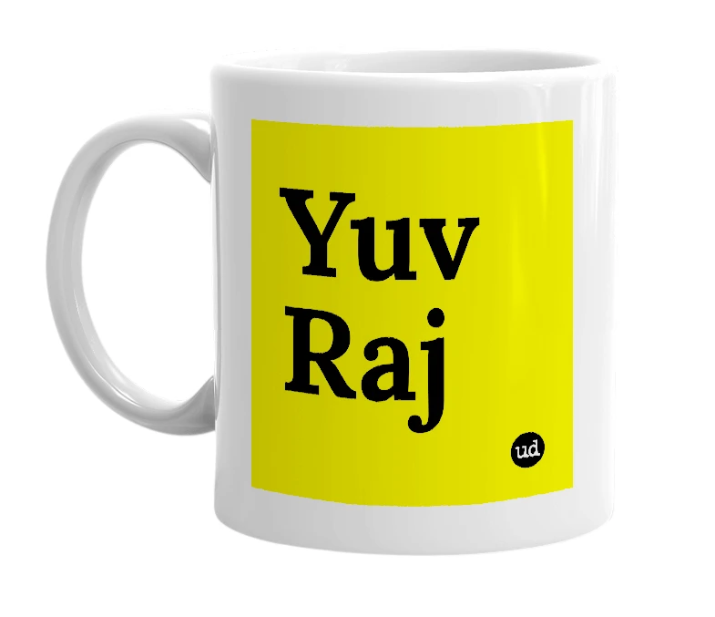 White mug with 'Yuv Raj' in bold black letters