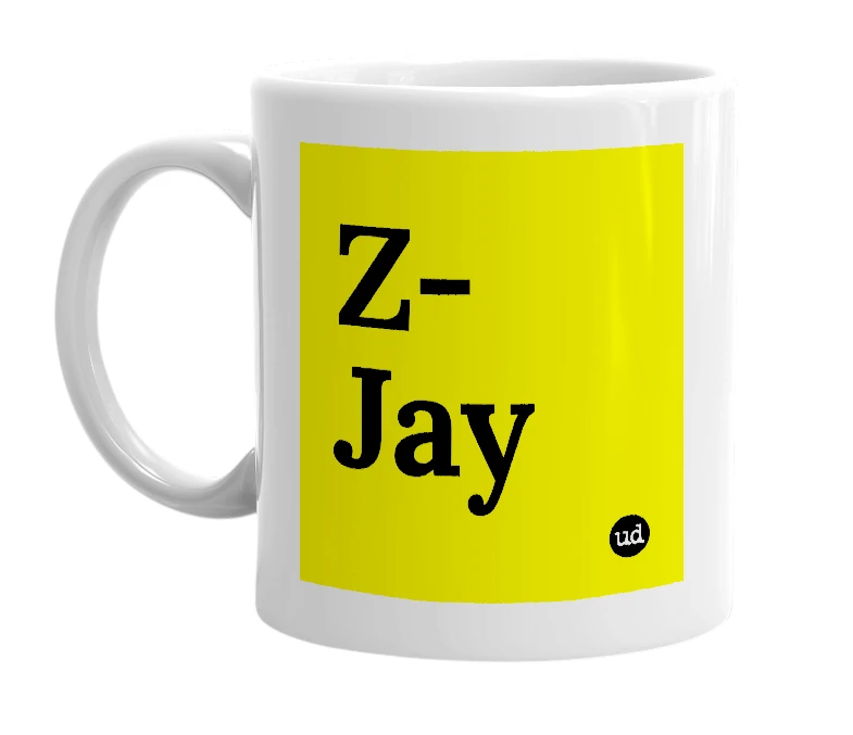 White mug with 'Z-Jay' in bold black letters