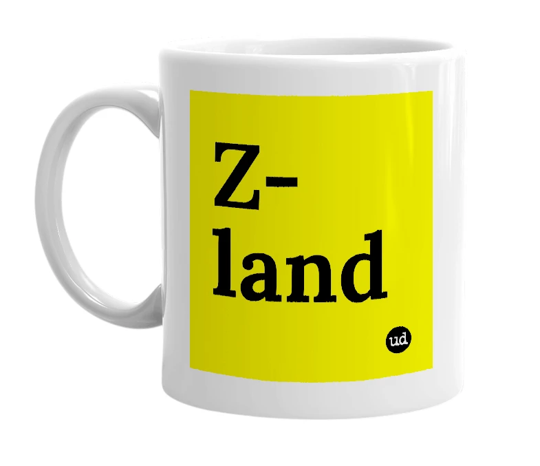 White mug with 'Z-land' in bold black letters