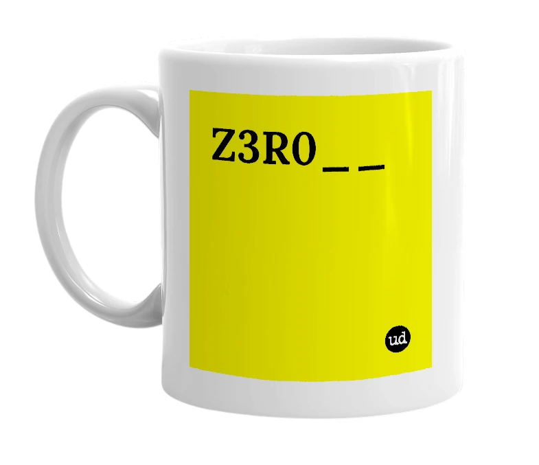 White mug with 'Z3R0__' in bold black letters