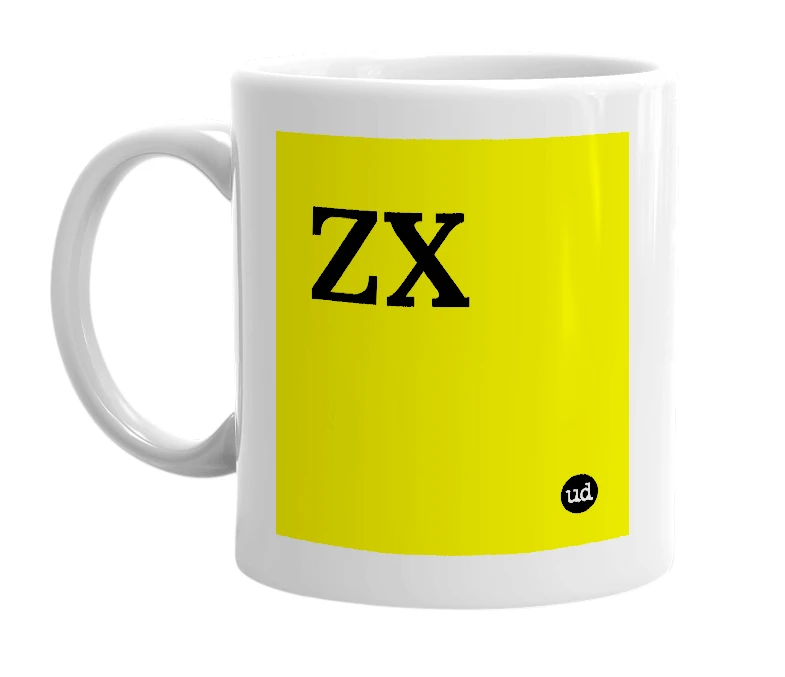White mug with 'ZX' in bold black letters