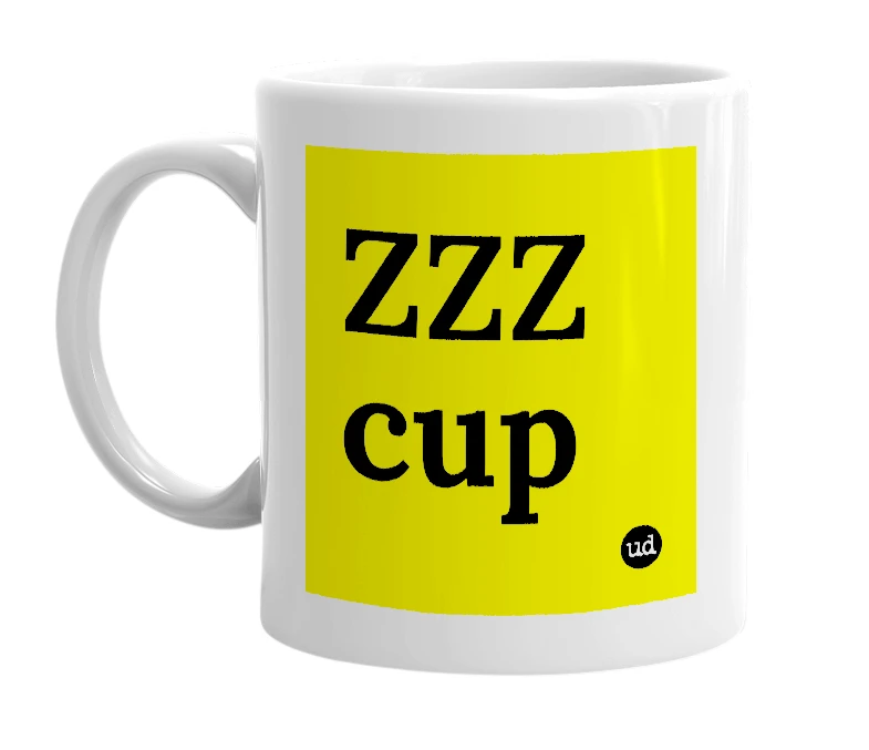 White mug with 'ZZZ cup' in bold black letters
