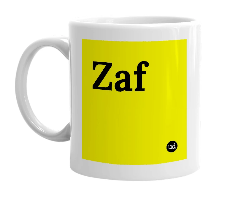 White mug with 'Zaf' in bold black letters