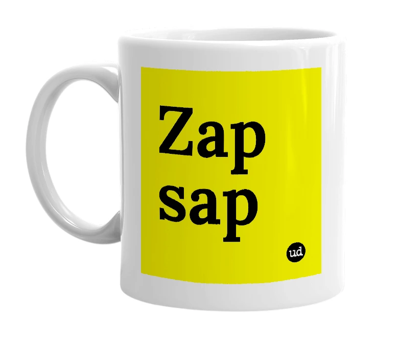 White mug with 'Zap sap' in bold black letters