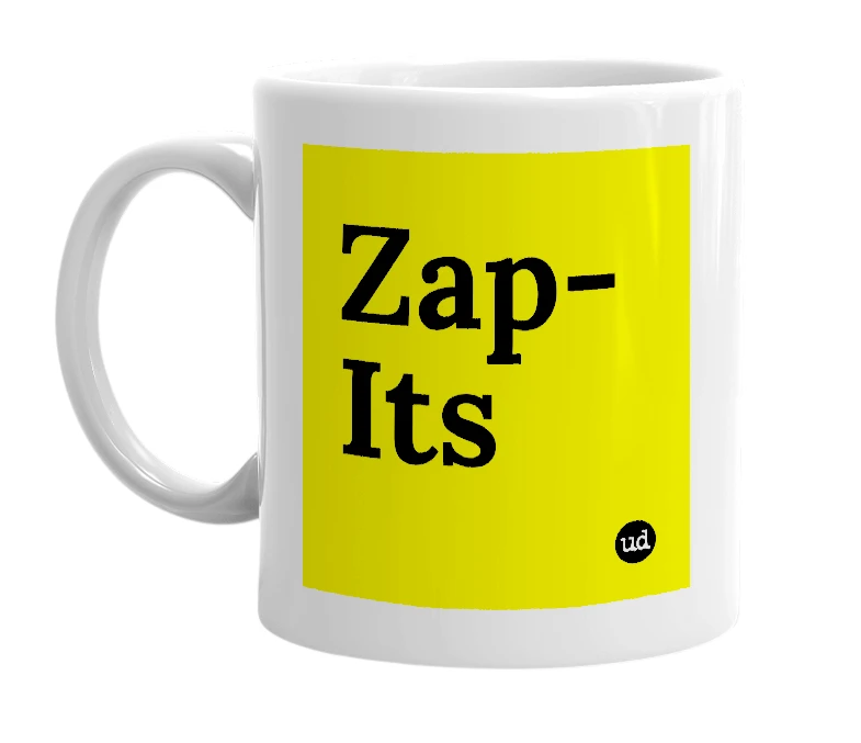 White mug with 'Zap-Its' in bold black letters