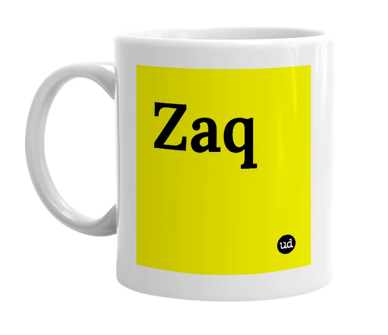 White mug with 'Zaq' in bold black letters