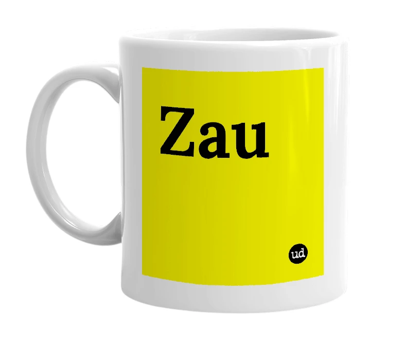 White mug with 'Zau' in bold black letters