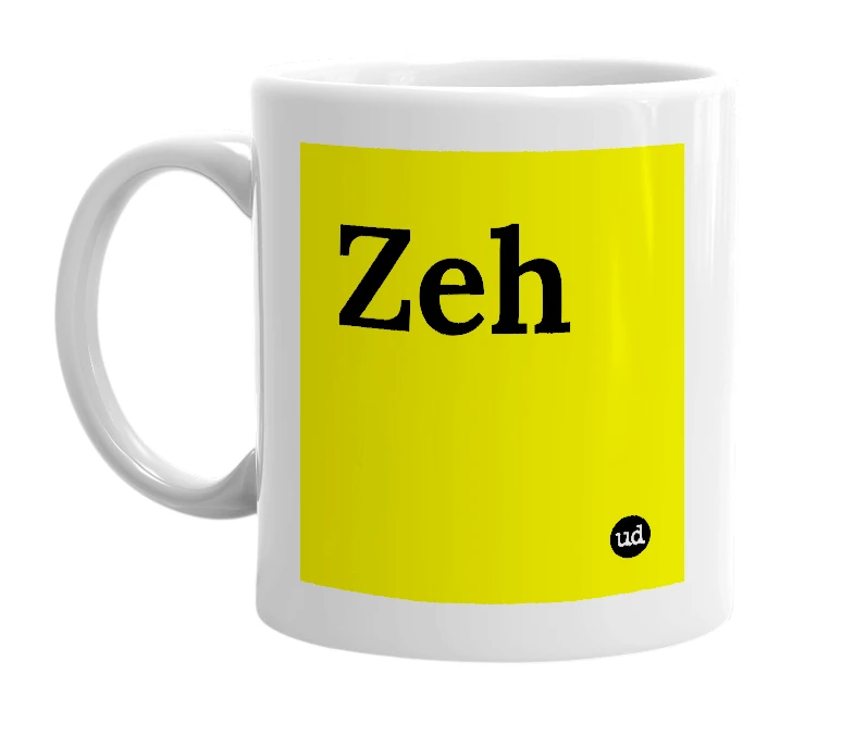 White mug with 'Zeh' in bold black letters