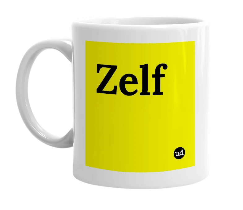 White mug with 'Zelf' in bold black letters