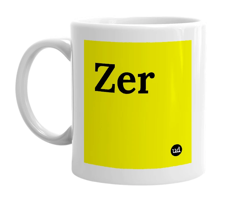 White mug with 'Zer' in bold black letters