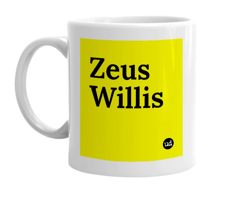 White mug with 'Zeus Willis' in bold black letters