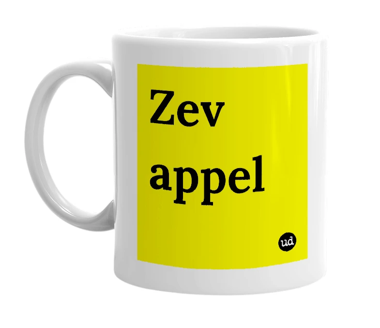 White mug with 'Zev appel' in bold black letters