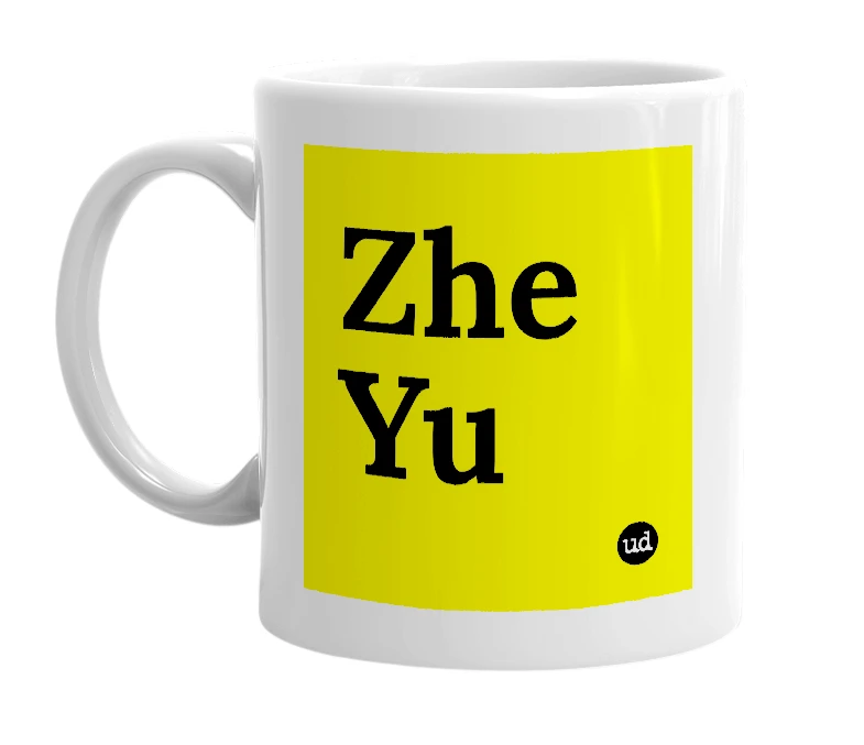 White mug with 'Zhe Yu' in bold black letters