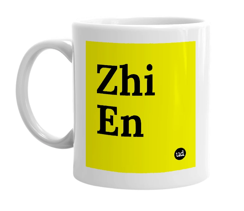 White mug with 'Zhi En' in bold black letters