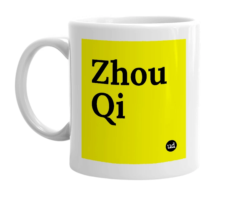 White mug with 'Zhou Qi' in bold black letters