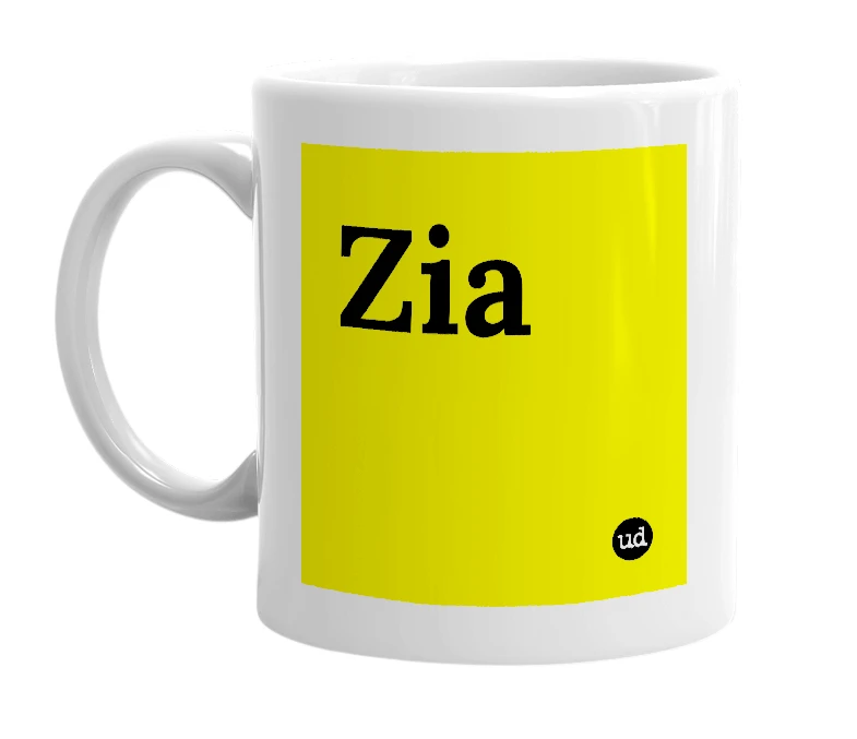 White mug with 'Zia' in bold black letters