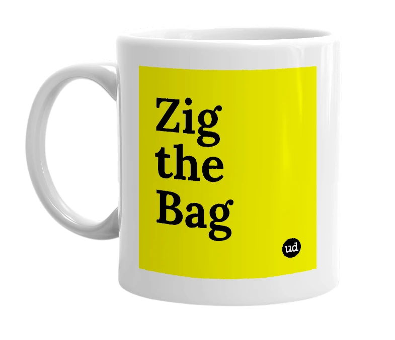 White mug with 'Zig the Bag' in bold black letters