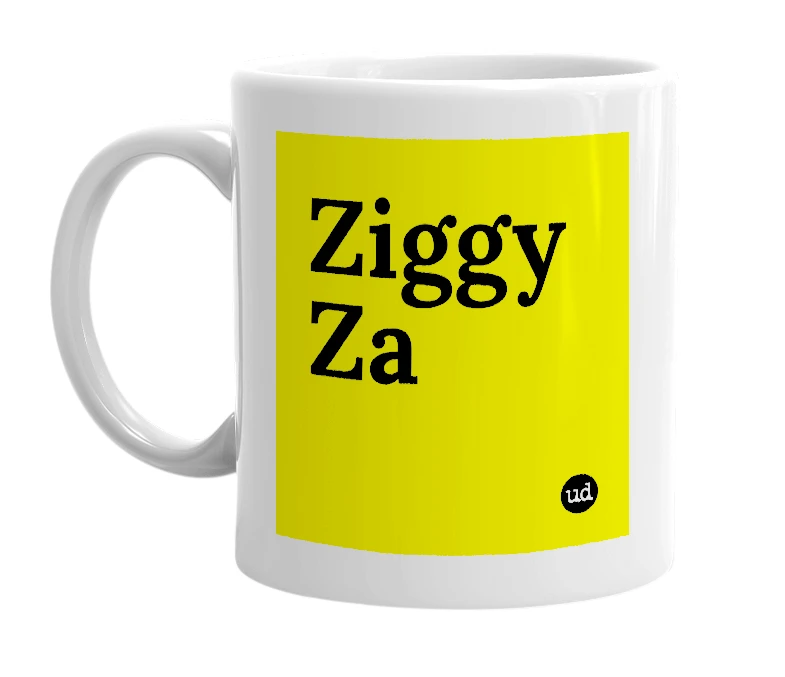 White mug with 'Ziggy Za' in bold black letters