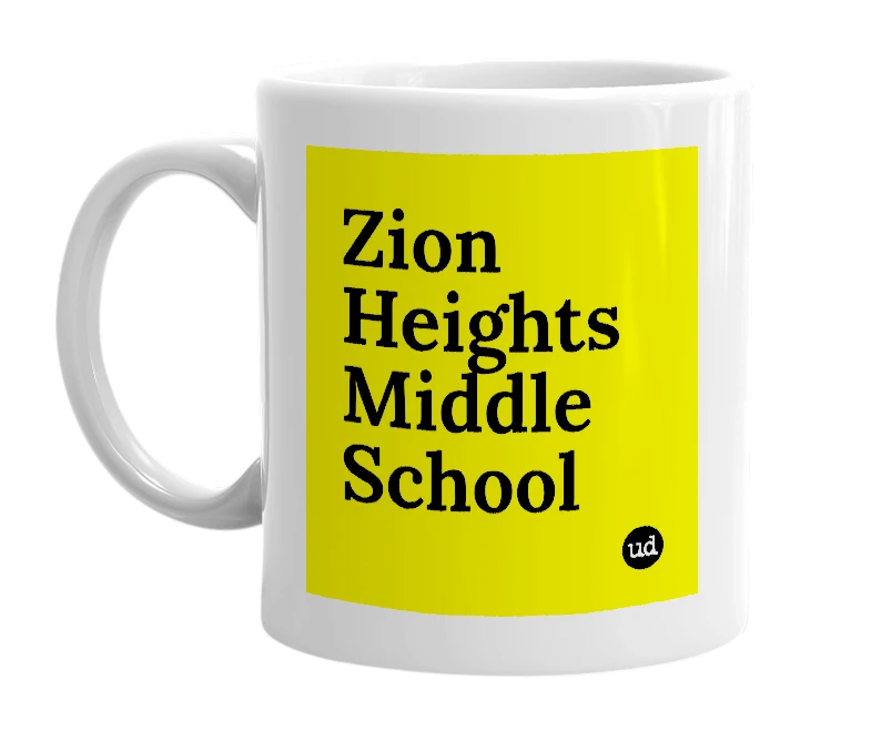 White mug with 'Zion Heights Middle School' in bold black letters