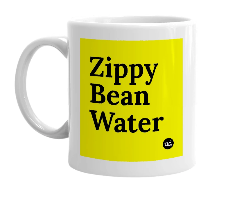 White mug with 'Zippy Bean Water' in bold black letters