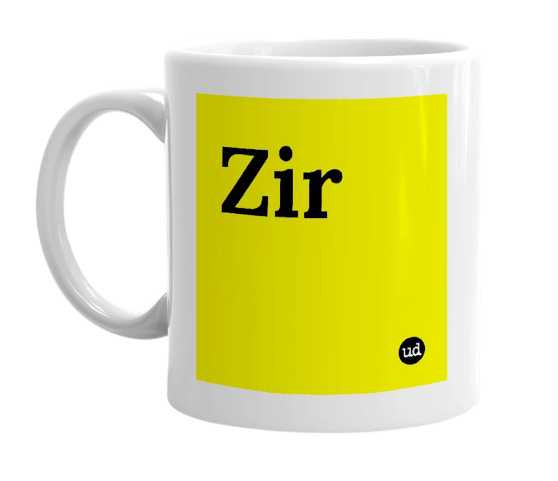 White mug with 'Zir' in bold black letters