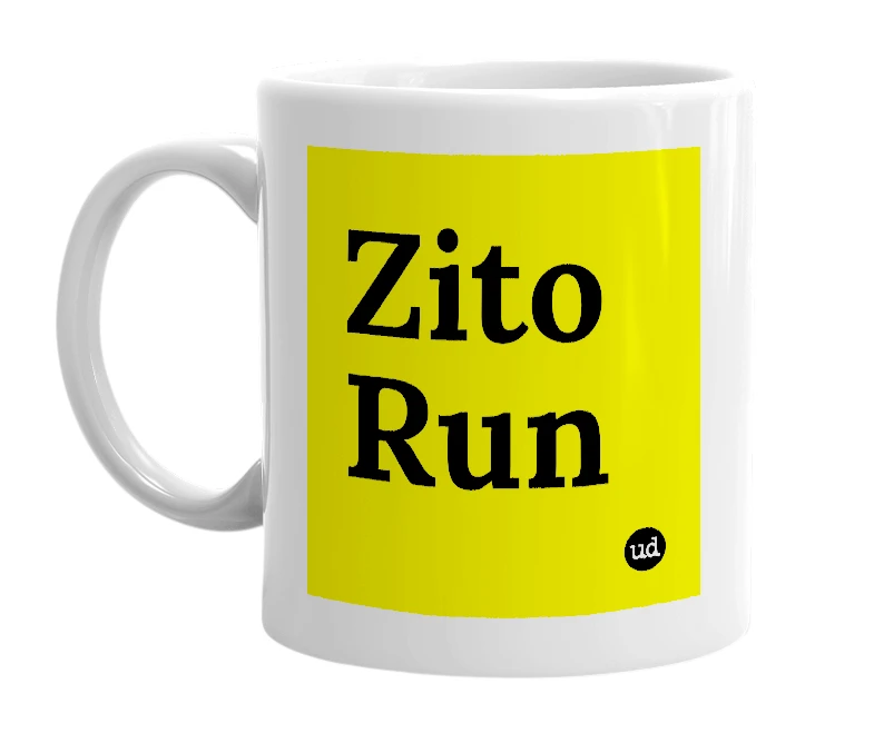 White mug with 'Zito Run' in bold black letters