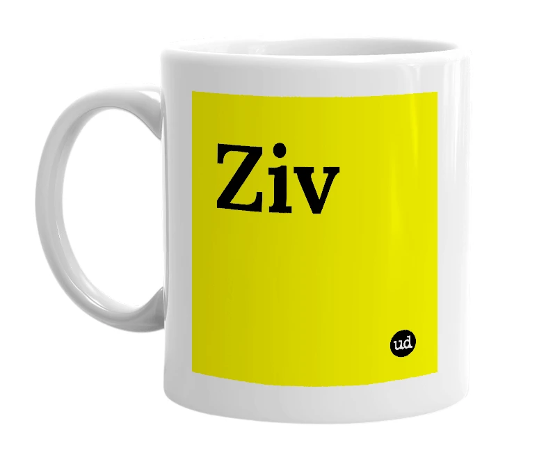White mug with 'Ziv' in bold black letters