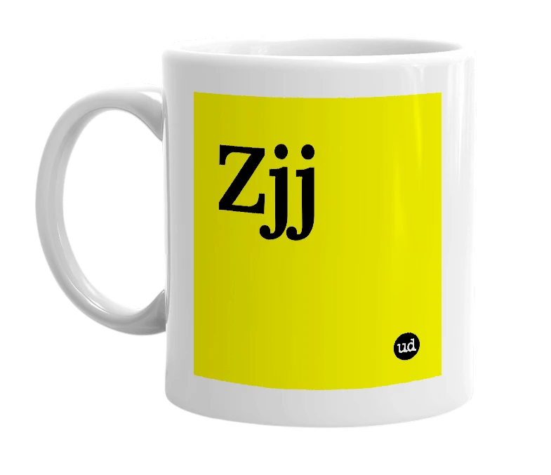 White mug with 'Zjj' in bold black letters