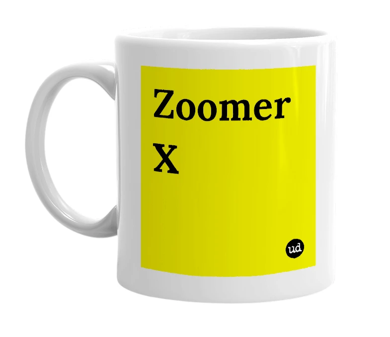 White mug with 'Zoomer X' in bold black letters