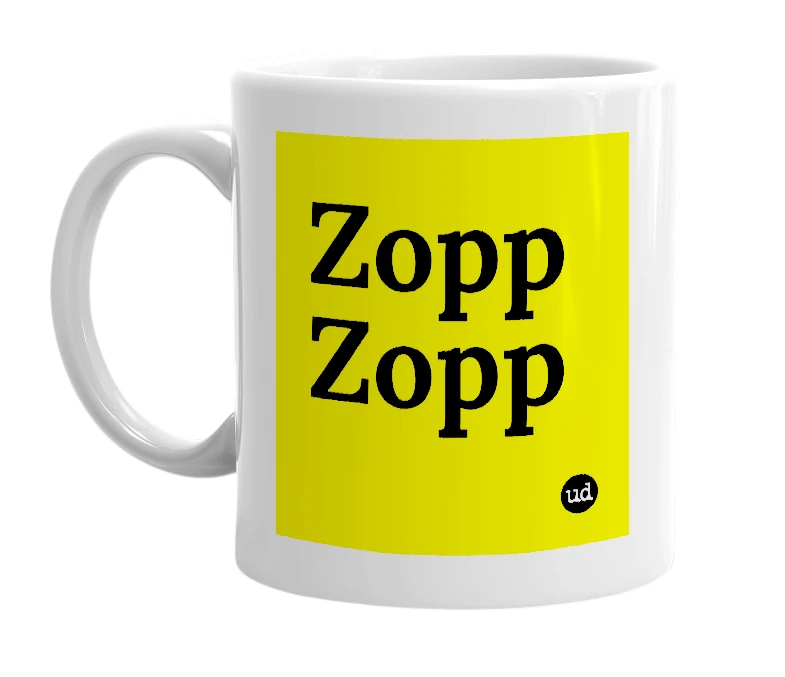 White mug with 'Zopp Zopp' in bold black letters