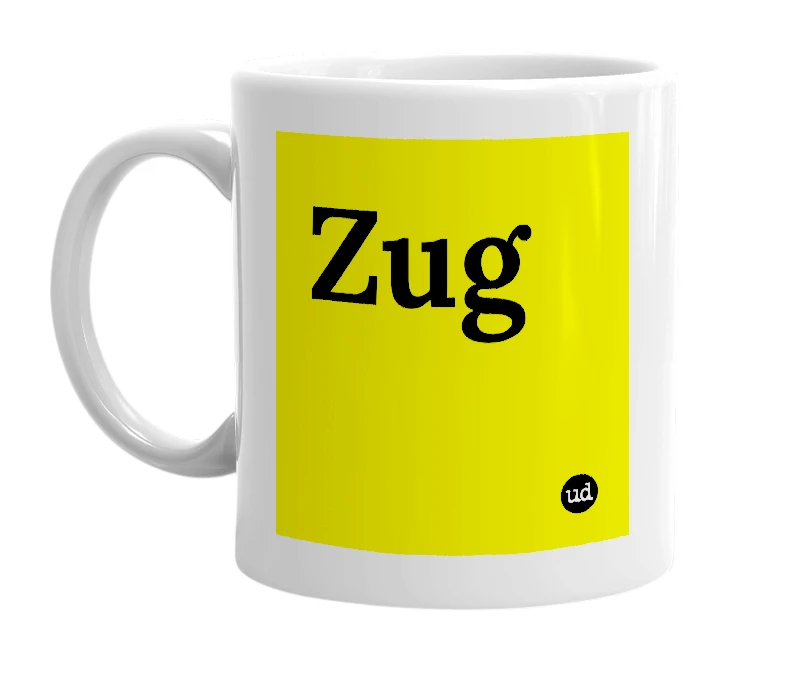 White mug with 'Zug' in bold black letters