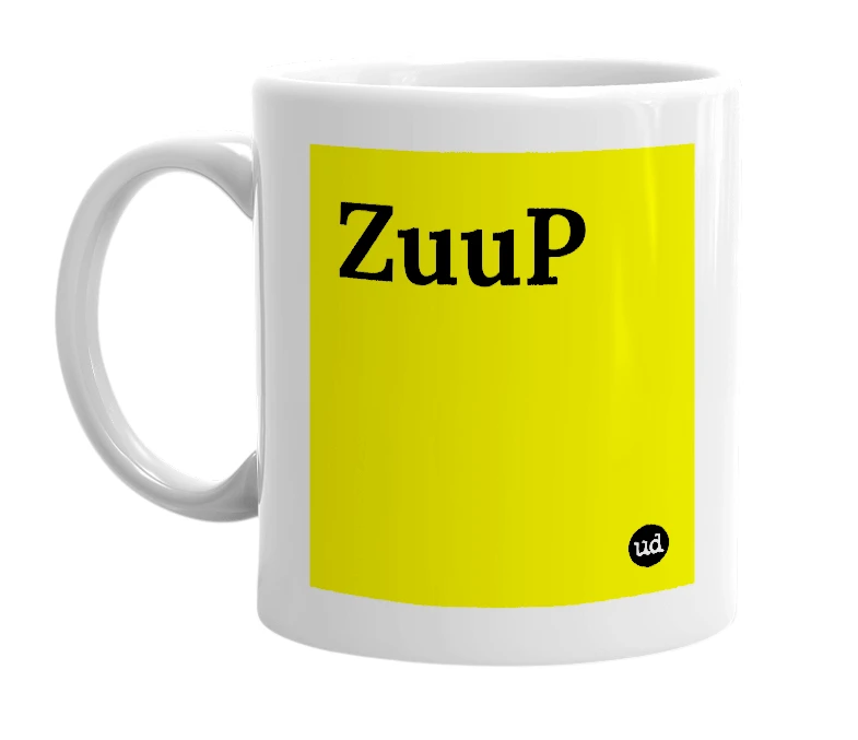 White mug with 'ZuuP' in bold black letters