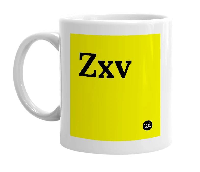 White mug with 'Zxv' in bold black letters