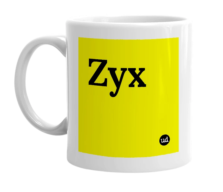White mug with 'Zyx' in bold black letters