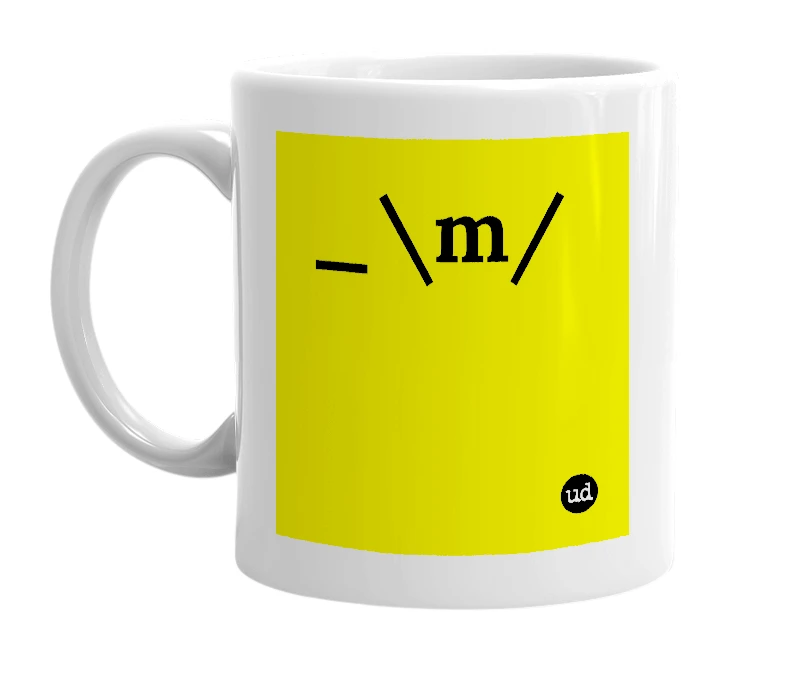 White mug with '_\m/' in bold black letters