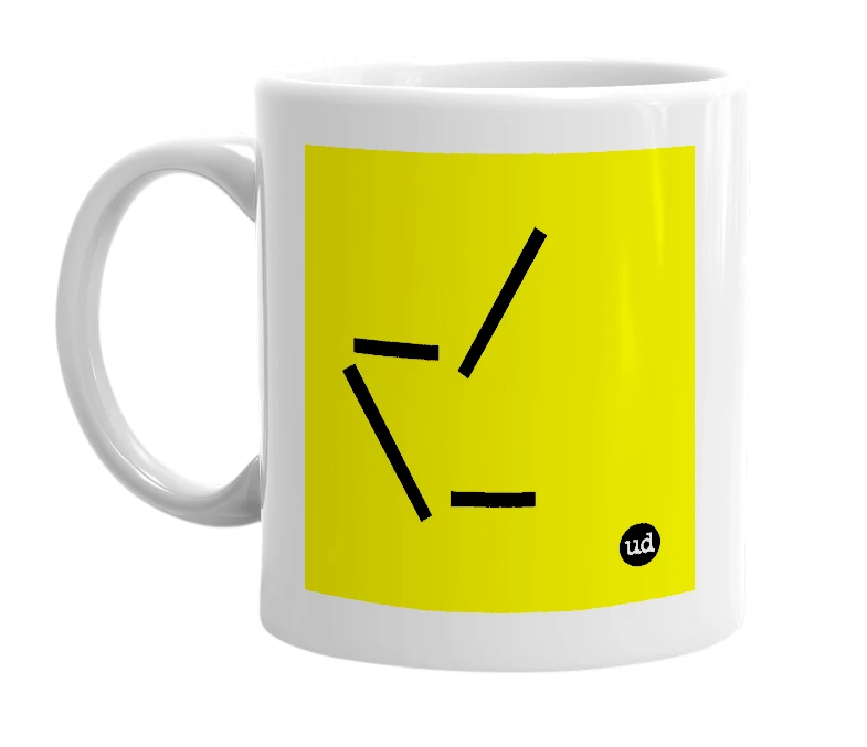 White mug with '_/\_' in bold black letters