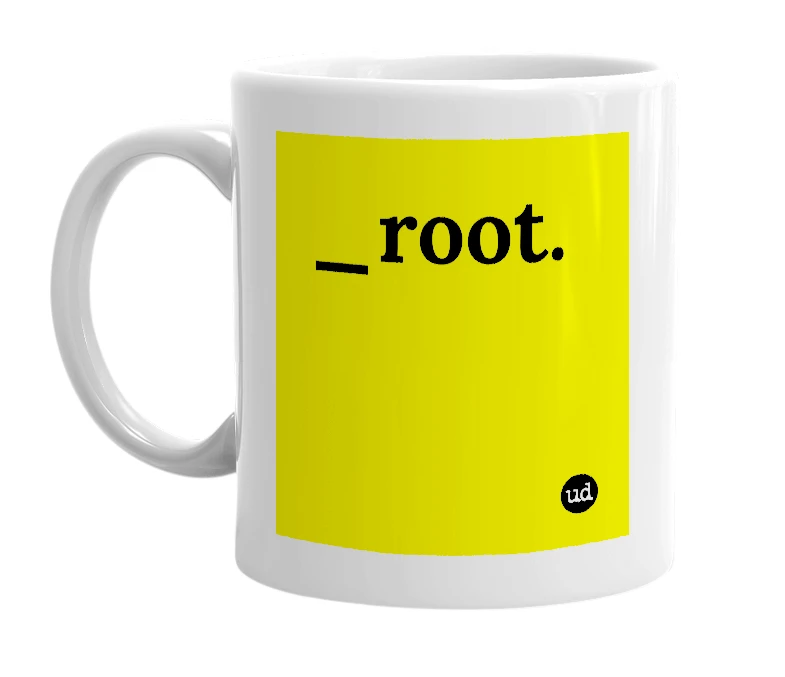 White mug with '_root.' in bold black letters