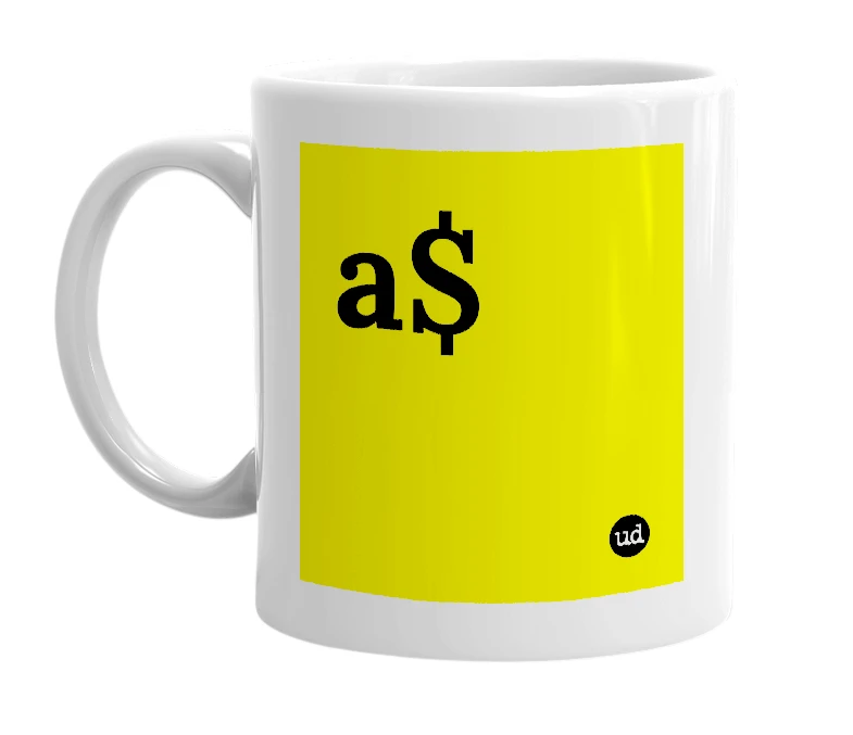 White mug with 'a$' in bold black letters